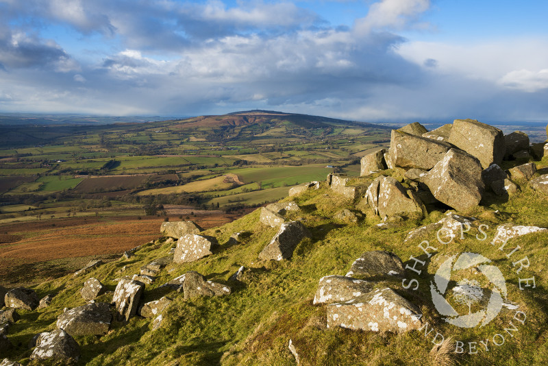 Looking towards Brown Clee Hill from Titterstone Clee Hill, Shropshire.