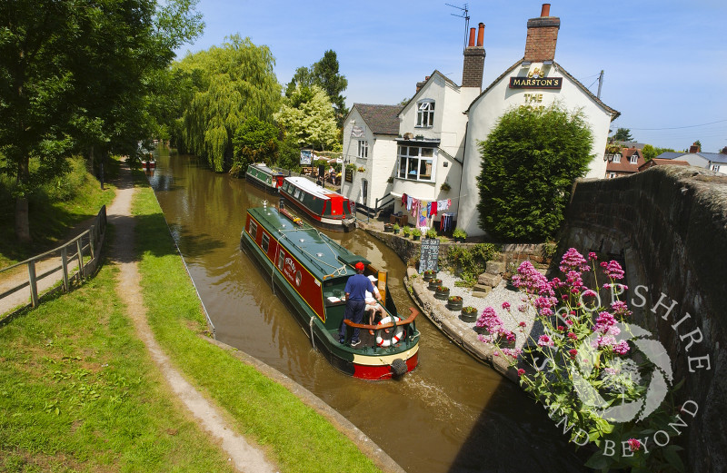 A narrowboat on the Shropshire Union Canal at Gnosall, Staffordshire, England.
