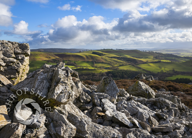 Linley Hill and the Long Mynd seen from the Rock on the Stiperstones ridge, Shropshire.