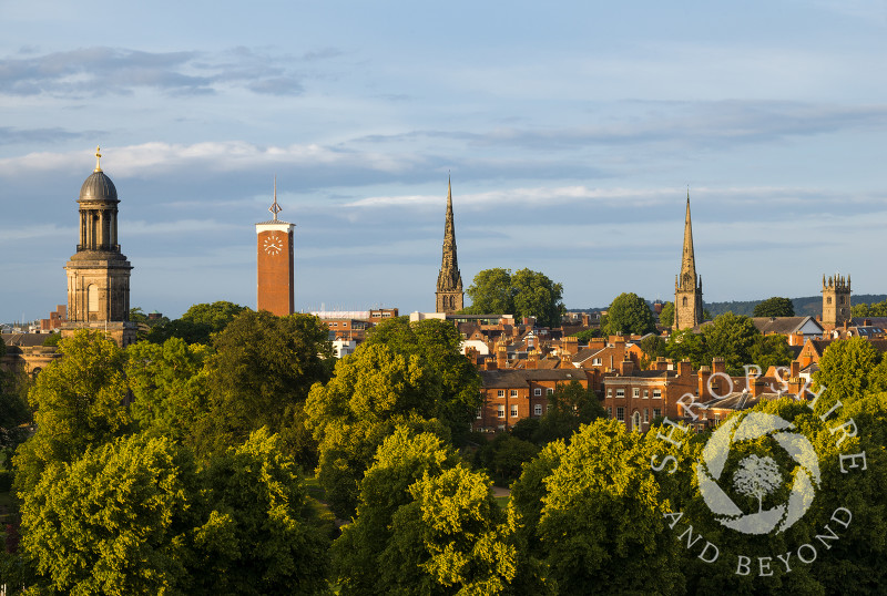 Evening light on the domes, spires and towers of the Shrewsbury skyline, Shropshire.