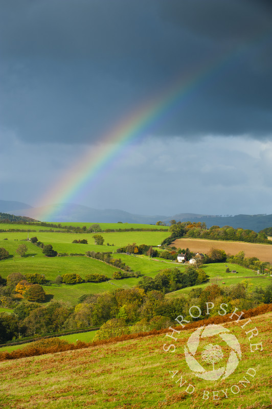 Autumn rainbow over Round Oak, seen from Hopesay Common, near Craven Arms, Shropshire, England.