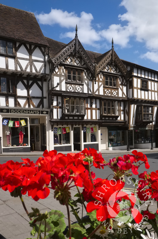 Flowers and half-timbered buildings in Broad Street, Ludlow, Shropshire.