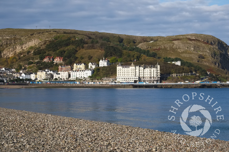 View of the sea and the Grand Hotel beneath the Great Orme at Llanduno, Conwy, Wales.