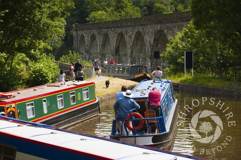 Narrowboats crossing Chirk Aqueduct, on the English/Welsh border.