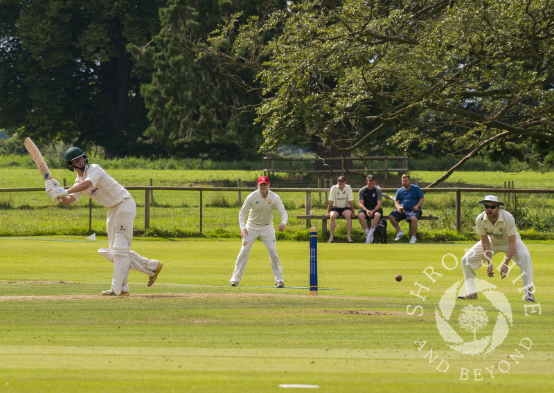 A cricket match in progress at Davenport Park, Worfield, Shropshire. Members of Worfield Cricket Club are seen batting against Streetly.