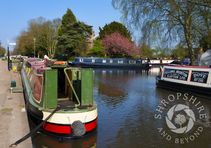 Canal boats moored at Fradley Junction, Staffordshire, England.