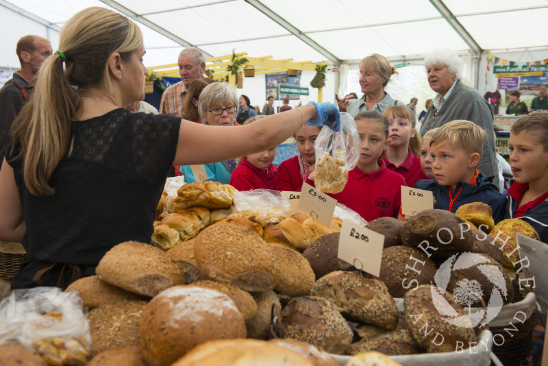 Pupils from Ludlow Junior School investigate fresh bread at Ludlow Food Festival, Shropshire.