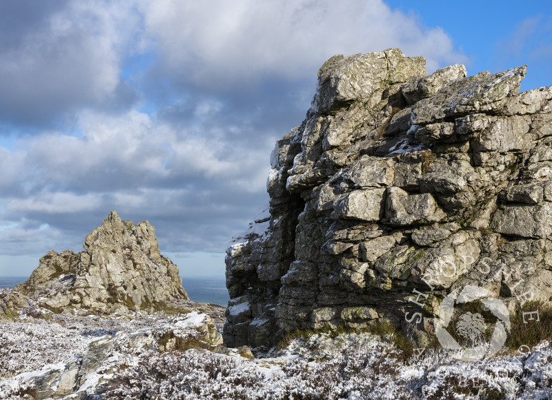 The rocky landscape of the Stiperstones, Shropshire, with the Devil's Chair seen left.