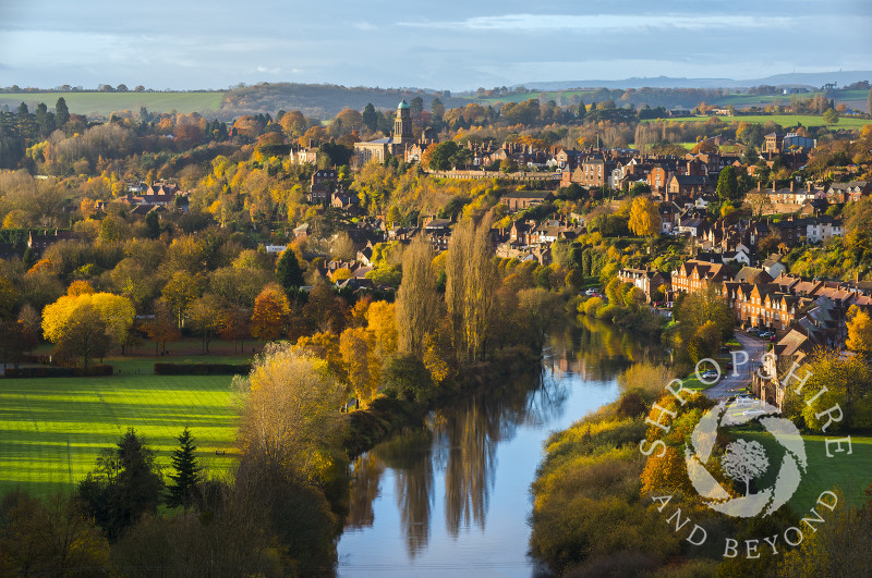 Early morning light picks out autumn colours at Bridgnorth and the River Severn, Shropshire, seen from High Rock.